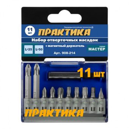 Фото Набор бит Практика "Мастер" 11пр. 25м 50мм РН,PZ,HEX,SL,TORX держатель 60 908-214