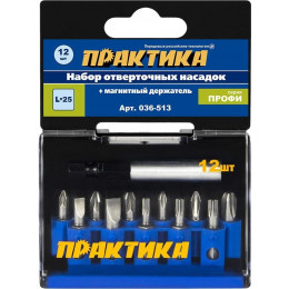 Набор бит Практика "Профи" 12шт РН 3шт, PZ 3шт, TORX 3шт, SL 2шт * 25мм, держатель  036-513